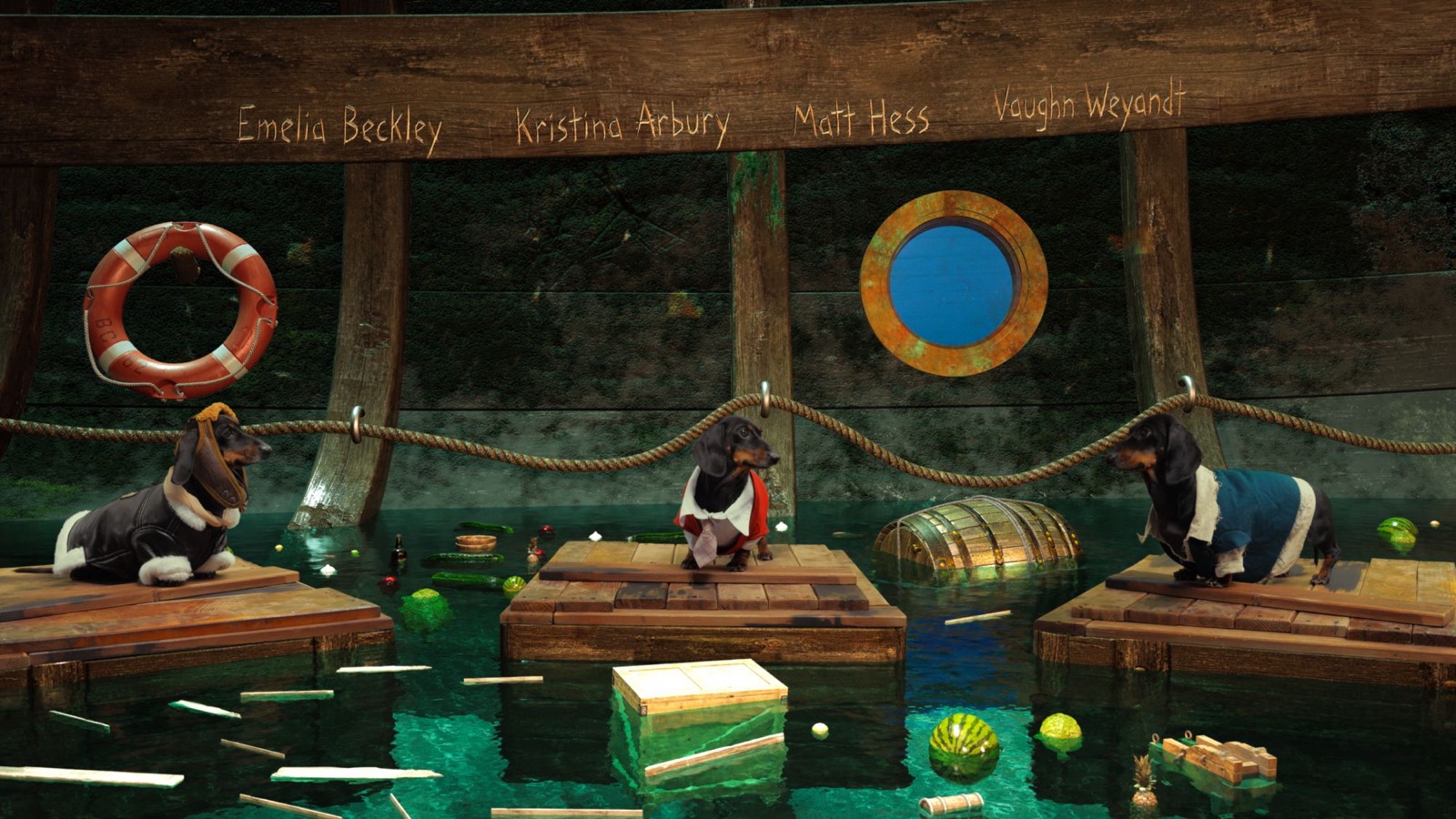 Three dachshunds on rafts in a flooded ship’s hold; supporters’ names carved on the beam above